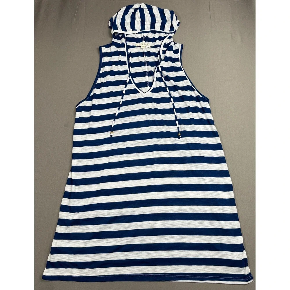 Miken Swim Cover Up Sleeveless Hoodie Striped Blue White Womens‎ 1X